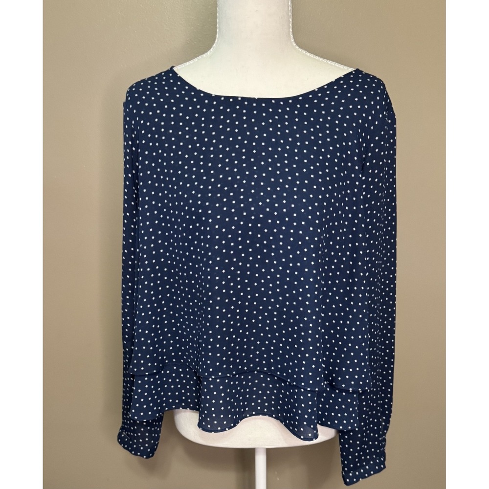 ZARA Basic Navy Blue Polka Dot Layered Hem Long Sleeve Blouse Size L